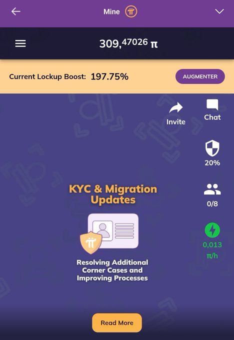 The image shows the Pi Network app interface displaying a balance of 309,47026 π with a 197.75% Lockup Boost, featuring an announcement about "KYC & Migration Updates" regarding resolving additional corner cases and improving processes. This aligns with the post's discussion of Pi Network's ongoing development stages, particularly relating to KYC improvements within the Pi ecosystem.