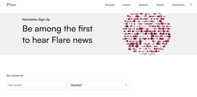 The image shows a website called "flare.network" with a sign-up form for their newsletter service. The text on the form encourages users to be among the first to hear about new developments, events, and products related to Flare news. The main focus of the image is the sign-up form itself, which is located in the top left corner of the website.