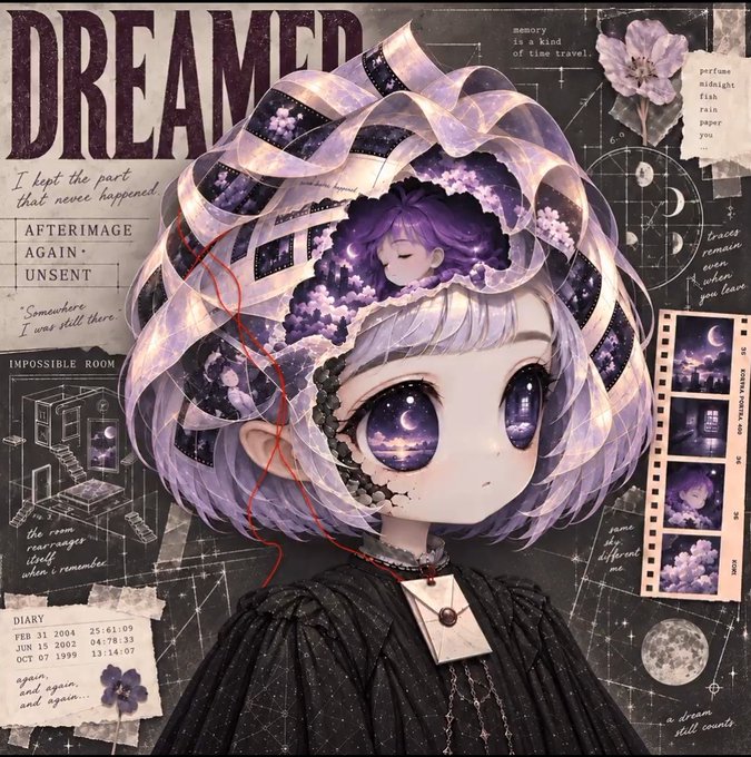 An anime-style illustration of a girl with purple hair and large dreamy eyes containing cloud/starry reflections, surrounded by collage elements including film strips, flowers, diary entries, and text reading 'DREAMER', 'AFTERIMAGE AGAIN UNSENT', and 'IMPOSSIBLE ROOM'.