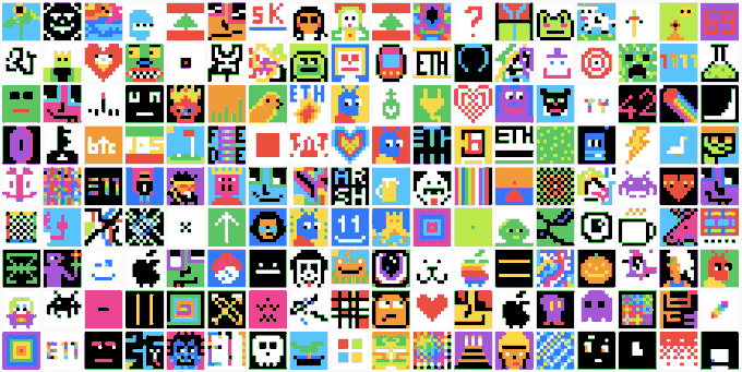 A grid of 121 colorful 8-bit-style pixel art icons featuring characters, hearts, symbols, and the text "ETH," "btc," "SK," and "TYT," representing the 11x11 generative art collection on networked.art that minted 34k unique pieces.