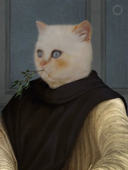 Renaissance-style painting depicting a white cat with blue eyes wearing monk robes and holding a small green branch in its mouth, styled like a classical portrait.
