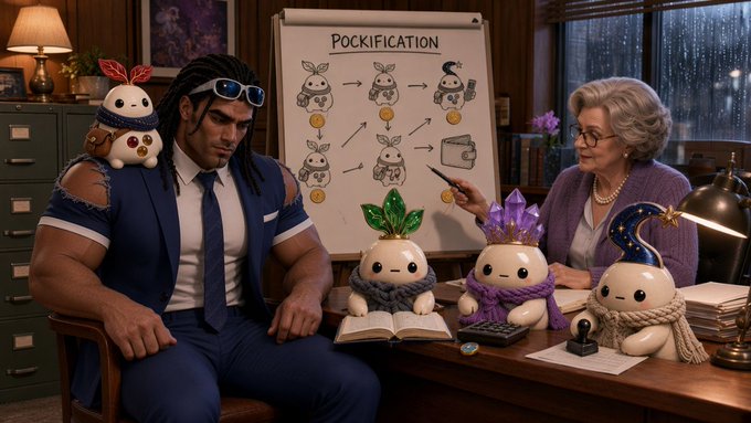 An AI-generated scene shows a muscular man with dreadlocks and goggles sitting across from an elderly woman at a desk, where a whiteboard titled 'POCKIFICATION' displays evolutionary diagrams and cute rabbit-like creatures wearing scarves sit between them.