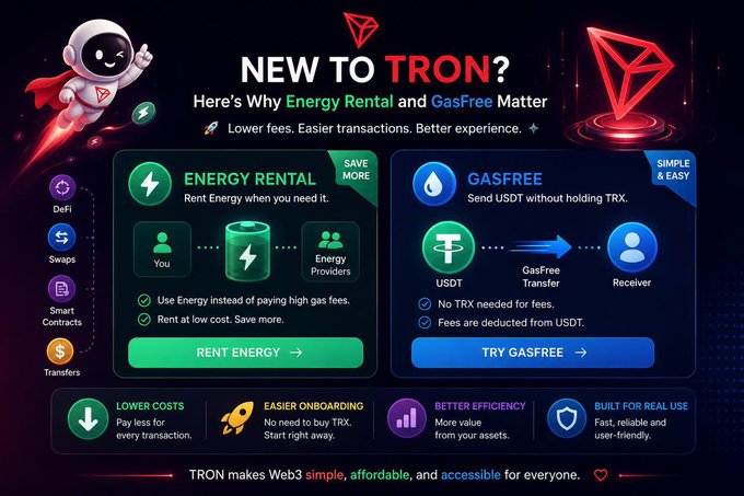 A colorful infographic introduces newcomers to TRON, explaining that Energy Rental lets users rent energy at low cost instead of paying high gas fees, while GasFree enables sending USDT without holding TRX (with fees deducted from USDT). The visual highlights four key benefits—Lower Costs, Easier Onboarding, Better Efficiency, and Built for Real Use—reinforcing the post's message that TRON removes common blockchain barriers like high transaction fees.
