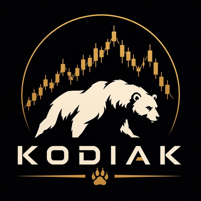 A logo for 'KODIAK' featuring a cream-colored bear silhouette positioned below a golden candlestick stock chart pattern, all framed within a circular gold border with a small paw print beneath the text.