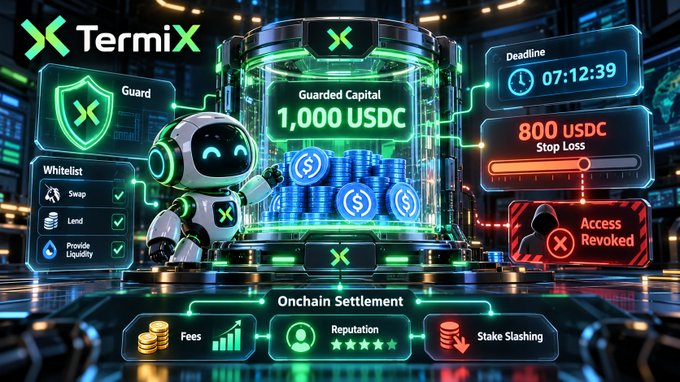 A futuristic, neon-lit graphic for a product called 'TermiX,' featuring a robot character alongside a vault labeled 'Guarded Capital 1,000 USDC,' with interface elements showing a '07:12:39 Deadline,' '800 USDC Stop Loss,' and an 'Access Revoked' warning.