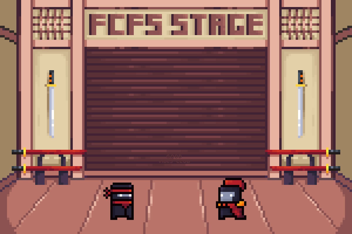 The image features a cartoon scene of two Ninjas standing next to each other, with one Ninja holding a sword and shield while the other has a gun. The Ninjas are positioned in front of a building that says "FCFS Stage" on it. There is also a bench visible in the scene.