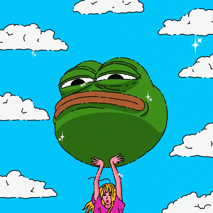 A cartoon illustration of a blonde girl in a pink shirt holding up a large green Pepe the Frog face against a blue sky with clouds and sparkles.