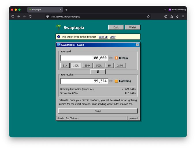A screenshot of a browser displaying the Swaptopia website, showing a swap interface exchanging 100,000 sats of Bitcoin for 99,374 sats of Lightning, with estimated fees of 626 sats.