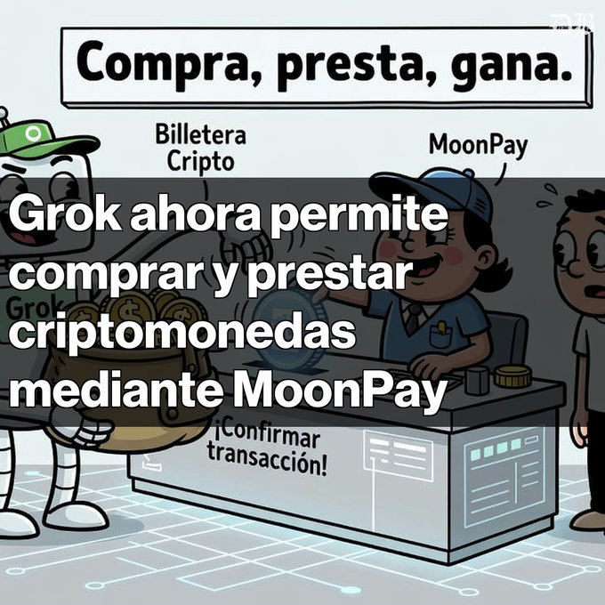An illustrated graphic with text reading 'Compra, presta, gana. Billetera Cripto MoonPay' overlaid with Spanish text stating 'Grok ahora permite comprar y prestar criptomonedas mediante MoonPay'.