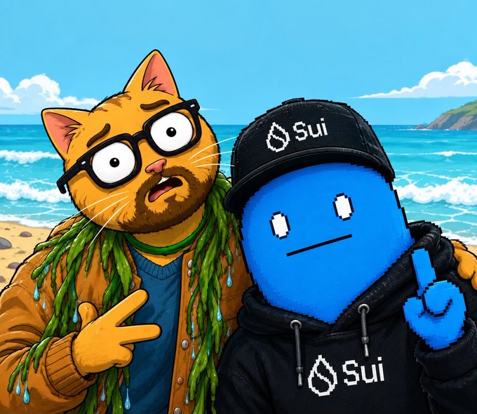 A cartoon illustration shows an orange cat with glasses and dreadlocks alongside a blue Sui cryptocurrency mascot wearing a black cap and hoodie, set against a beach background.