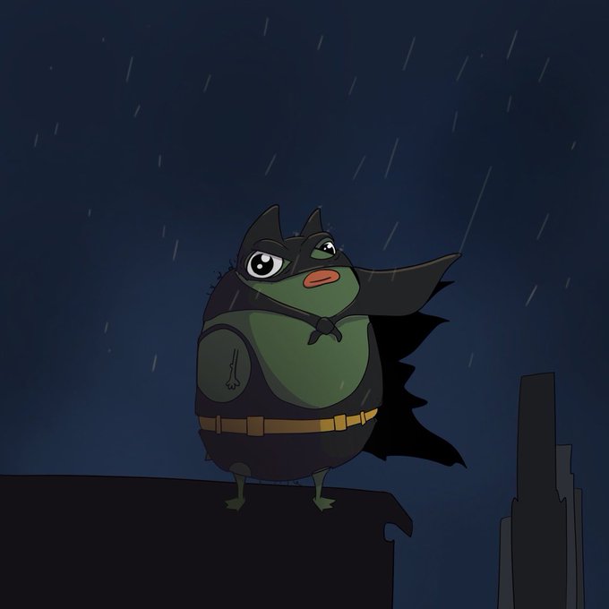 An animated illustration of a chubby, chibi-style Batman standing on a rooftop in the rain, looking distressed.