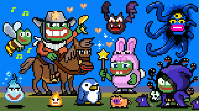 A pixel art image featuring a whimsical cast of characters—including a knight on horseback, a bee, a penguin, a flaming creature, a bunny wizard, a small pig, a hooded figure, and various monsters—set against a bright blue background with musical notes and hearts, likely serving as playful promotional artwork for a community "TRUST US" whitelist event being promoted on X.