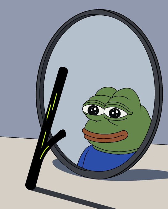 A sad-looking Pepe the Frog character is depicted sitting inside a broken mirror frame, with a black crack pattern on the mirror's surface.