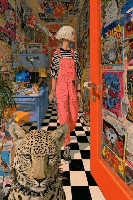 A vibrant, collage-style room with a checkered floor features a mannequin in pink overalls, with a leopard statue in the foreground.