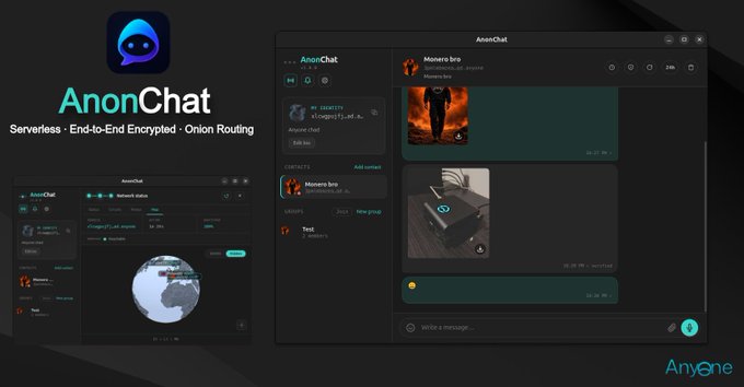 Screenshot of the AnonChat application, a serverless end-to-end encrypted onion routing chat platform, showing a conversation interface with contact lists and message previews.
