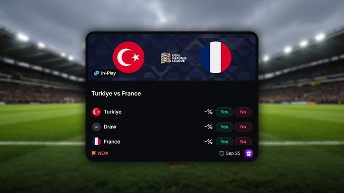 A digital interface showing a UEFA Nations League match between Turkiye and France, with betting options for Turkiye win, Draw, and France win, scheduled for Sep 25.