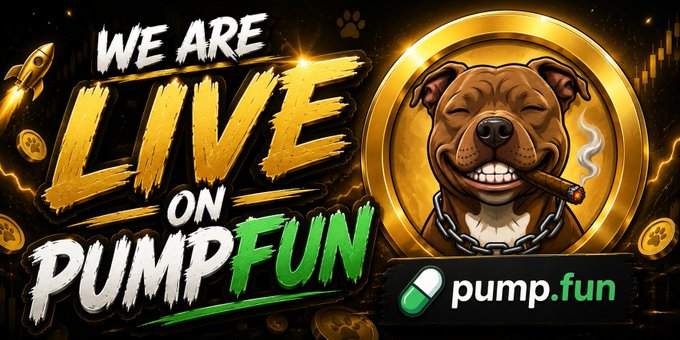 A promotional banner declares 'WE ARE LIVE ON PUMP.FUN' in bold yellow and white text, accompanied by a cartoon brown dog smoking a cigar.