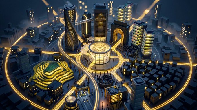 A futuristic, dark-toned digital cityscape illuminated with golden light trails winding through towering skyscrapers and geometric structures, evoking a blockchain-powered metropolis. The image visually reinforces the post's theme of a decentralized city governed by immutable code rather than a central authority, with each glowing building and street representing a permanent, on-chain identity.