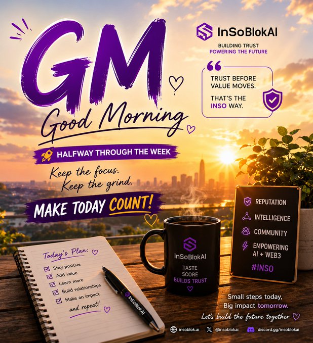 An 'InSoBlokAI' Good Morning motivational graphic with the slogan 'Trust before value moves. That's the Inso way' featuring a coffee mug, planner with 'Today's Plan', and tags like REPUTATION, INTELLIGENCE, and COMMUNITY.