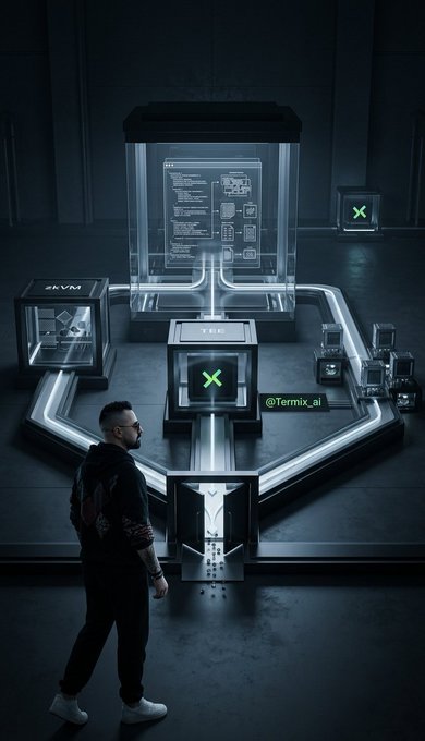 A person stands in a dark room looking at a futuristic display labeled 'TES' containing technical diagrams, with a watermark '@Termix_ai' visible on the image.