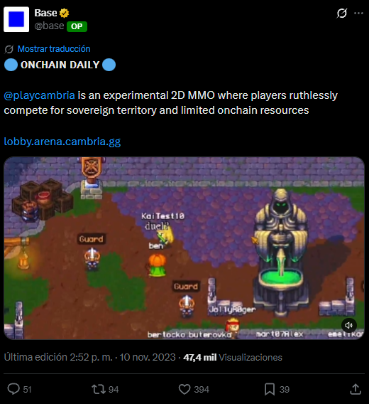 A tweet from Base (@base) tagged 'ONCHAIN DAILY' describes '@playcambria is an experimental 2D MMO where players ruthlessly compete for sovereign territory and limited onchain resources', featuring a screenshot of the pixel-art game.
