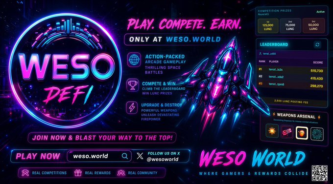 The image shows a poster or advertisement promoting a gaming event called "WESO DEFI" (World of Games Defiance). The poster features an illustration of a flying fighter plane against a dark background, with the text "Play. Compete. Earn." and "Only at WESO.WORLD". The website is also mentioned in the post. The main message of the poster appears to be that the event offers exciting gaming opportunities and rewards for players who participate, encouraging them to join now and blast off into this fun gaming experience.