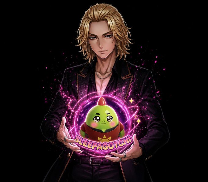 Anime-style artwork of a blonde character holding a small green creature with the text 'SLEEPAGOTCHI'.
