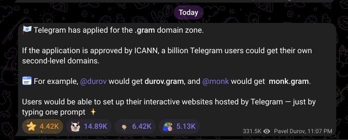 A notification dated 11:07 PM from Pavel Durov announces that Telegram has applied for the .gram domain zone with ICANN, potentially allowing its ~1 billion users to claim second-level domains like durov.gram and monk.gram and host interactive websites directly through the platform. The post has garnered significant engagement with 4.42K stars, 14.89K reshares, 6.42K replies, and 5.13K reactions, and has been viewed 331.5K times.