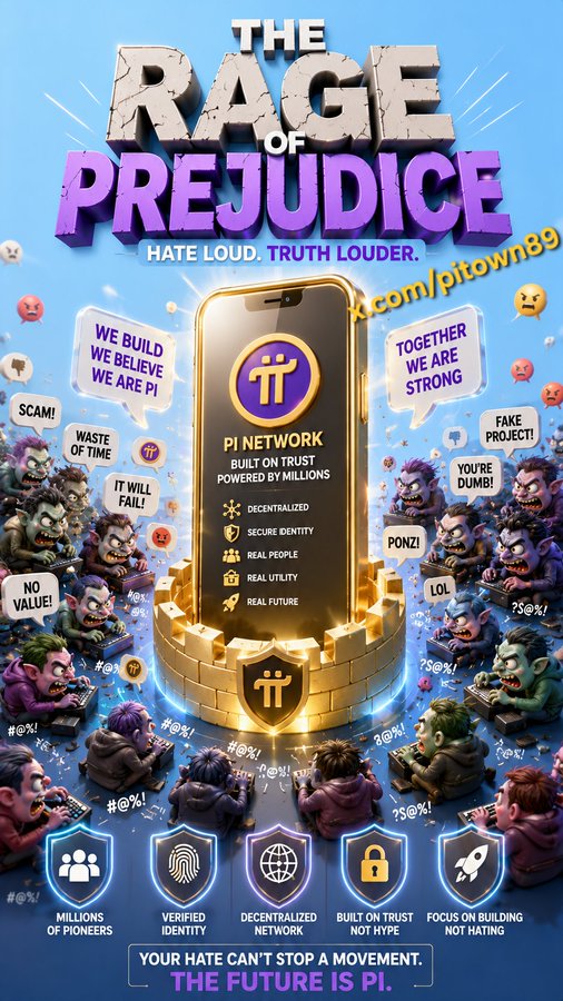 The image is a promotional graphic titled "THE RAGE OF PREJUDICE — HATE LOUD. TRUTH LOUDER." featuring a glowing golden smartphone displaying Pi Network's branding, surrounded by cartoon trolls and critics holding signs with negative labels like "SCAM," "PONZI," "NO VALUE," and "FAKE PROJECT." Key text highlights Pi Network's core values (Decentralized, Secure Identity, Real People, Real Utility, Real Future) and counters at the bottom emphasize "Millions of Pioneers," "Verified Identity," "Decentralized Network," "Built on Trust," and "Focus on Building Not Hating," reinforcing the post's theme about Pi Network facing disproportionate online criticism despite its foundational principles.