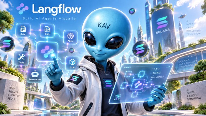 A digital illustration for 'Langflow' shows a blue alien named 'KAV' interacting with holographic icons labeled 'Data', 'RAG', 'Agents', 'Tools', 'LLM', and 'Automation', with 'SOLANA' text visible in the background.