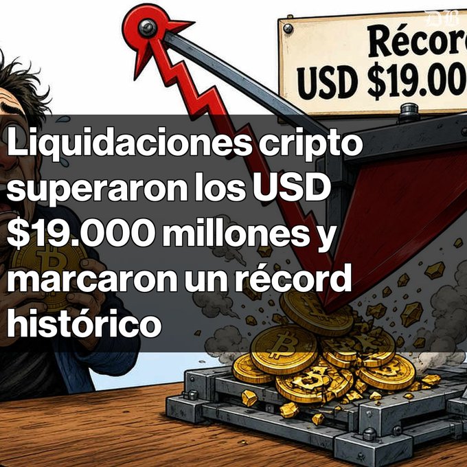 A Spanish-language graphic about crypto liquidations exceeding USD $19 billion, featuring an illustration of a person watching a crusher machine destroying gold Bitcoin coins.