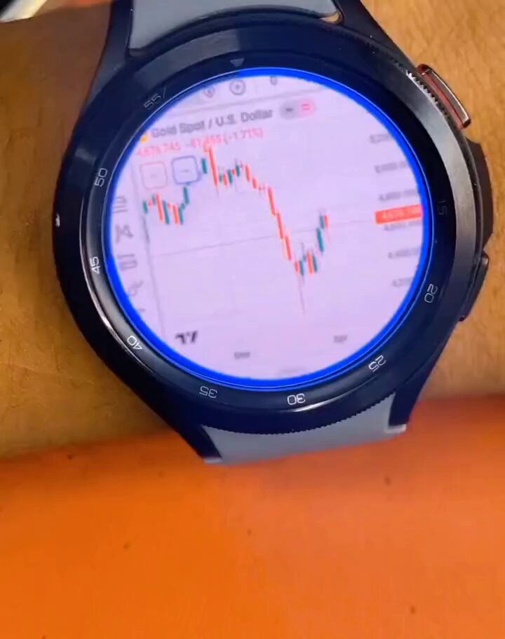 The image features a watch with a screen displaying a stock market graph, likely showing the Dow Jones Industrial Average (DJIA) or the S&P 500 index. The watch's face shows that the value of the stock has dropped significantly over time. The watch is placed on an orange surface, and there are no texts or other objects in the image.