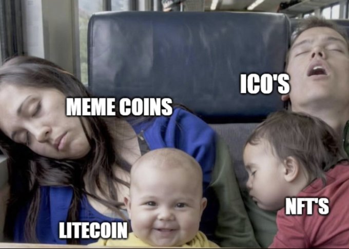 The image shows a baby sleeping next to two adults who appear to be asleep as well. The text above the image reads "Happy Monday! Is crypto still dying or are we bullish this week? Don't forget to smile". This message seems to be related to the content of the image, possibly discussing cryptocurrency trends or market sentiments.