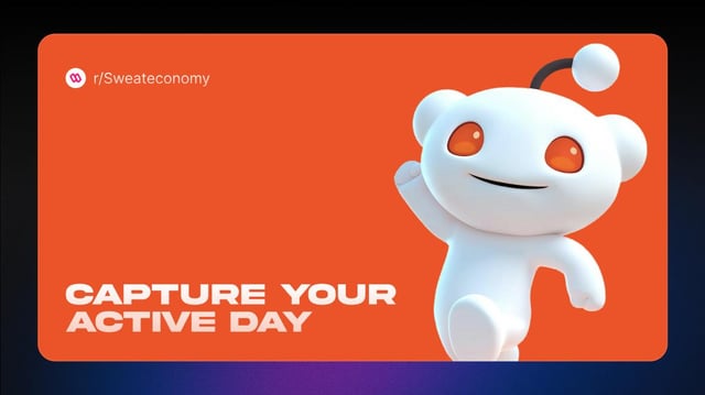 A Reddit mascot character waves from an orange background with the text "r/Sweateconomy" and "CAPTURE YOUR ACTIVE DAY," promoting the subreddit's weekly contest giveaway of 50 $SWEAT tokens to five random winners.