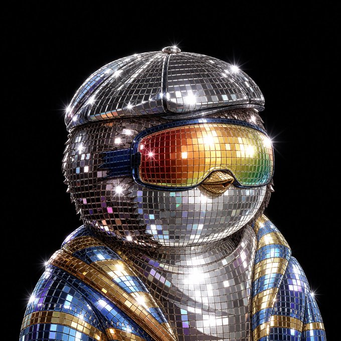 The image features a silver-colored penguin wearing a disco ball costume with a blue jacket and gold trim. The penguin has a pair of goggles on its head and sunglasses on its face, giving it a unique and eye-catching appearance. The background is black, which contrasts with the colorful penguin's outfit and makes it stand out even more.