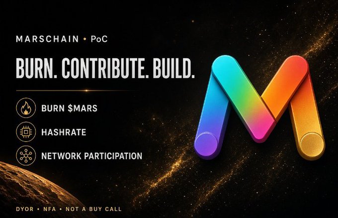 A promotional graphic for 'MARSCHAIN PoC' with the tagline 'BURN. CONTRIBUTE. BUILD.' listing features like 'BURN $MARS', 'HASHRATE', and 'NETWORK PARTICIPATION' alongside a colorful 3D 'M' logo, noting it is a 'DYOR • NFA • NOT A BUY CALL'.