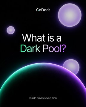 A GoDark promotional graphic featuring the headline "What is a Dark Pool?" with the tagline "Inside private execution" against a dark background with glowing purple and green spherical shapes, aligning with the post's focus on private trading and the dark pool execution waitlist at godarkdex.com/x.