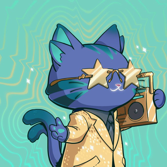 A digital illustration of a cool blue cat wearing star-shaped sunglasses and a gold sequined blazer, holding a boombox against a swirly teal background.