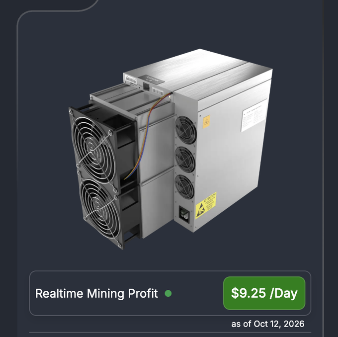 A silver cryptocurrency mining rig with cooling fans is displayed above a dashboard showing 'Realtime Mining Profit' of '$9.25 /Day' as of Oct 12, 2026.