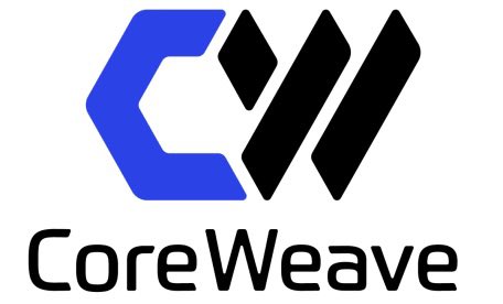 The image displays the CoreWeave company logo, featuring a stylized design with a blue "C" shape interlocked with two black diamond-like shapes, accompanied by the text "CoreWeave" below in bold black lettering. This visual relates to the accompanying post, which discusses the stock ticker $CRWV for CoreWeave, noting it is down nearly 46% from its high and highlighting the company's connection to NVIDIA ($NVDA), including NVIDIA's $2 billion investment at $87.20 per share, in the context of the AI industry's shift from training to inference.