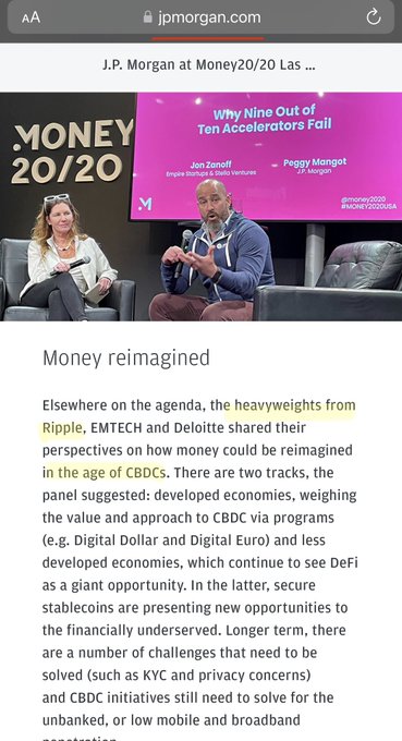The image shows an open Google document titled "Money Reimagined". The document features an image of two people, one man wearing blue pants and a white shirt sitting down with his legs crossed. On the right side of the document, there is text that reads: "Why nine major banks fail to reinvigorate economies; the heavyweights from Ripple, ETCH and DeFi share their perspectives on how money could be re-imagined in the age of CDBD, ... (Digital Dollar and Digital Euro and less).” The text also mentions a post by J.P Morgan stating that Ripple is seen as a "heavyweight" in the financial services industry.