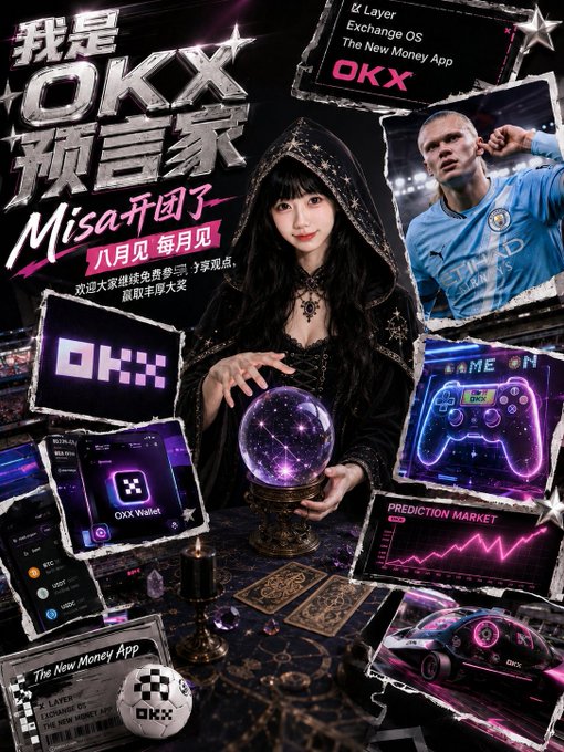 A promotional collage for OKX featuring a fortune teller in a dark hooded cloak holding a crystal ball, surrounded by images of the OKX app, a gamer controller, a prediction market chart, a soccer player, and Chinese text reading '我是OKX预言家' and 'Misa开团了'.