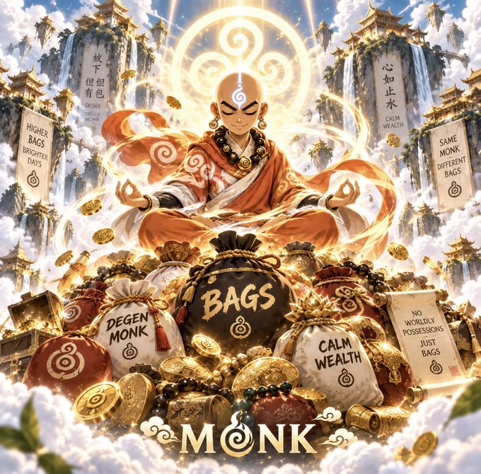 A serene monk meditates in lotus position amid floating mountains, clouds, and treasure bags labeled "BAGS," "DEGEN MONK," "CALM WEALTH," and "NO WORLDLY POSSESSIONS JUST BAGS," with floating scrolls reading "HIGHER BAGS BRIGHTER DAYS," "SAME MONK DIFFERENT BAGS," and Chinese characters — visually reinforcing the $MONK crypto project's post about calmly building the monastery's website and its association with $INJ.

The image mirrors the post's message of purposeful, steady development by depicting the monk in a state of zen focus, symbolizing the disciplined approach to growing the project's ecosystem.