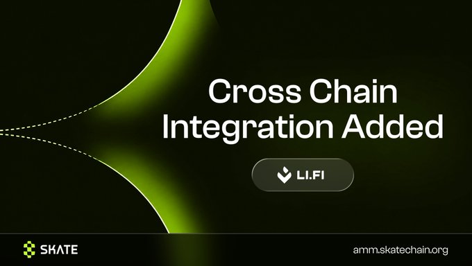 A dark promotional graphic for Skate features a glowing green curved light effect and the headline "Cross Chain Integration Added," highlighting a partnership with Li.Fi. The Skate logo appears in the bottom left while "amm.skatechain.org" is displayed in the bottom right, reinforcing the announcement of Li.Fi-powered cross-chain swap capabilities on the Skate AMM platform.