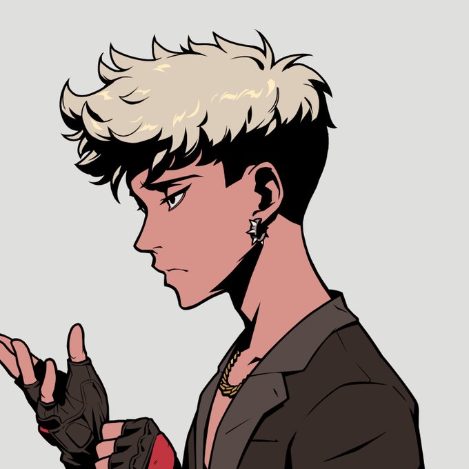A stylized digital illustration in profile of a young man with two-toned blonde and black hair, wearing a black jacket and star-shaped earring.