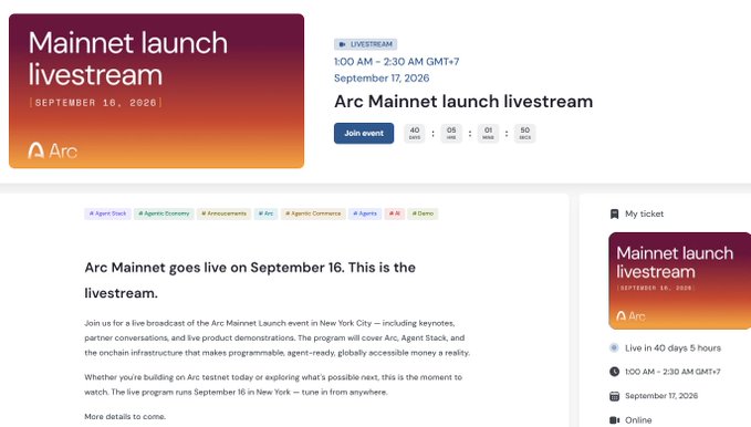 An event page for 'Arc Mainnet launch livestream' on September 16, 2026, from 1:00 AM - 2:30 AM GMT+7.