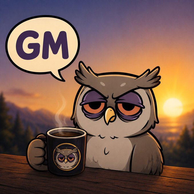 A cartoon illustration of a sleepy owl holding a steaming mug, with a speech bubble saying 'GM' against a sunset background.