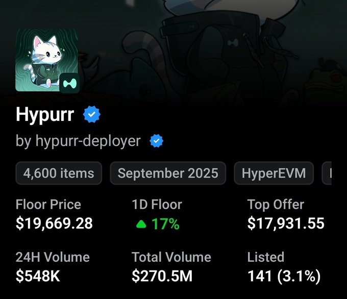 A screenshot of the Hypurr NFT collection showing 4,600 items with a floor price of $19,669.28 and 17% 1D increase.