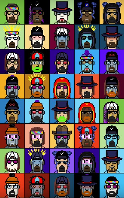 A grid of colorful pixel art portraits featuring various bearded characters wearing hats, glasses, and headbands.
