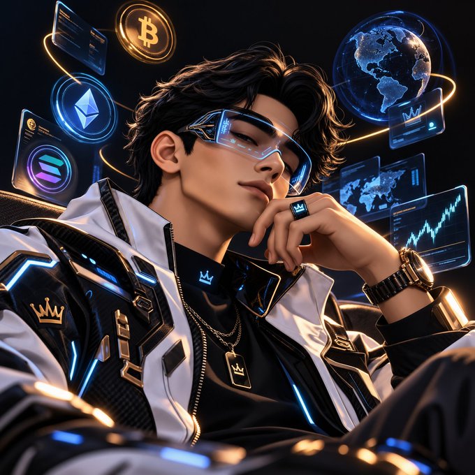 A digital illustration of a young man wearing futuristic blue-lit AR glasses and a white jacket, with floating crypto symbols including Bitcoin and Ethereum alongside global maps and trading charts.